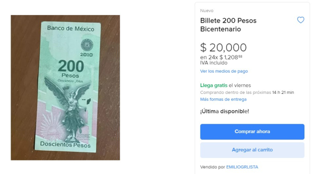 Billete de 200 pesos que se vende hasta en 20 mil pesos.