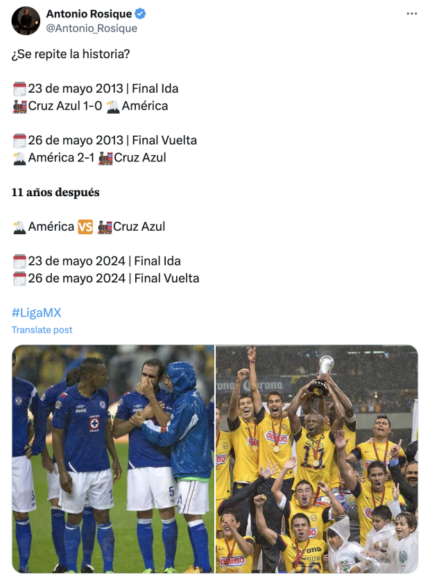 Coincidencias de la final América vs Cruz Azul del Clausura 2013 con la del Clausura 2024.