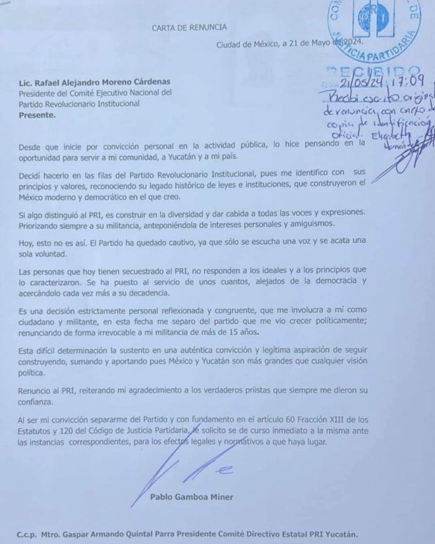 Pablo Gamboa Miner renuncia al PRI.