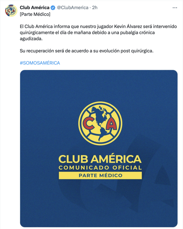 El Club América anunció la lesión de Kevin Álvarez.