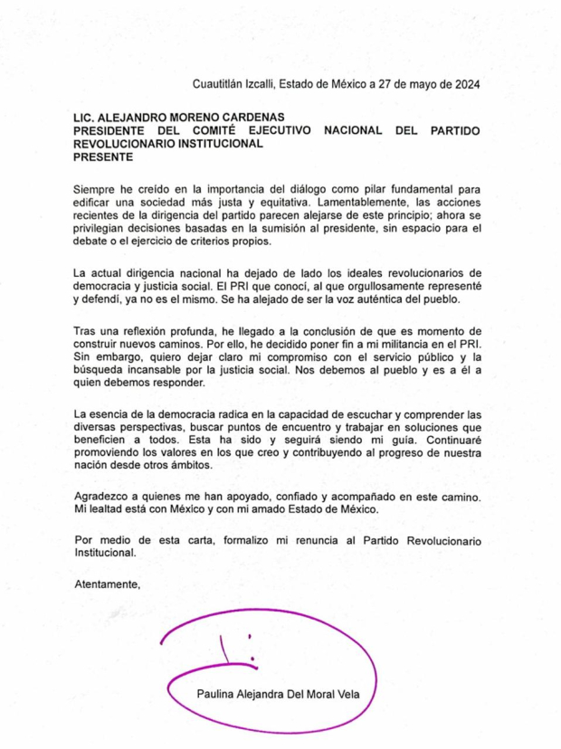 Carta de renuncia de Alejandra del Moral.