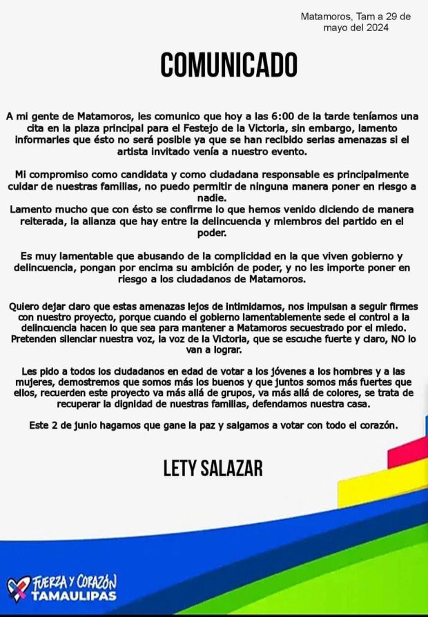 Comunicado Lety Salazar