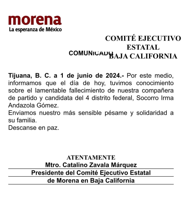 Muere Irma Andazola, candidata por Morena a diputada federal en Baja California.