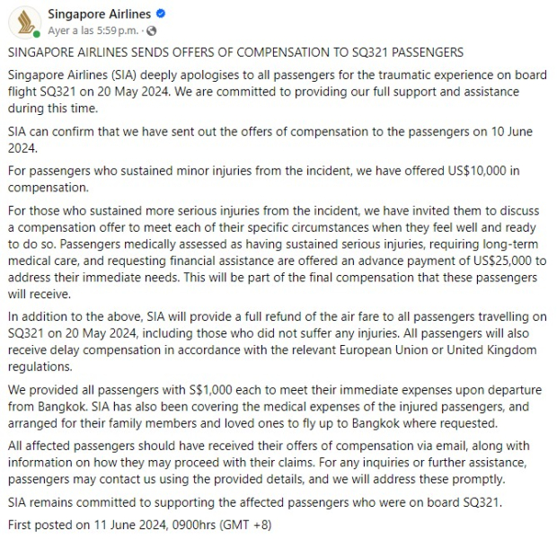 Singapore Airlines ofreció hasta 25 mil dólares (casi medio millón de pesos) como adelanto de la compensación a pasajeros que resultaron gravemente heridos.