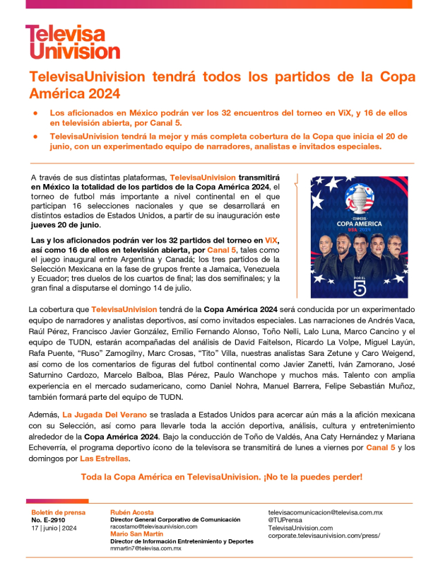 TelevisaUnivision tendrá todos los partidos de la Copa América 2024.