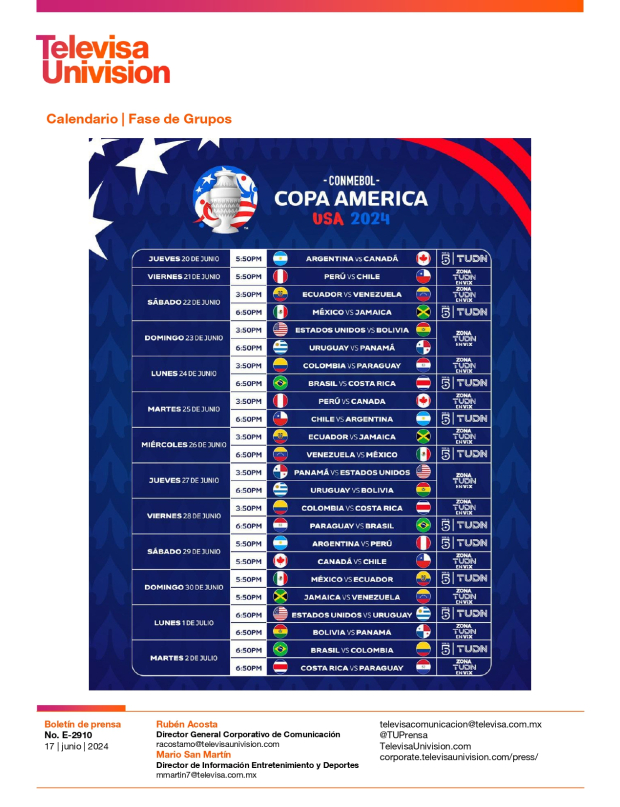 Calendario de la Copa América 2024.