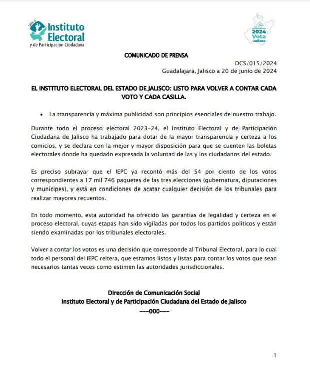 El Instituto Electoral y de Participación Ciudadana del Estado (IEPC) se declaró listo para recontar los votos de la elección de Jalisco.