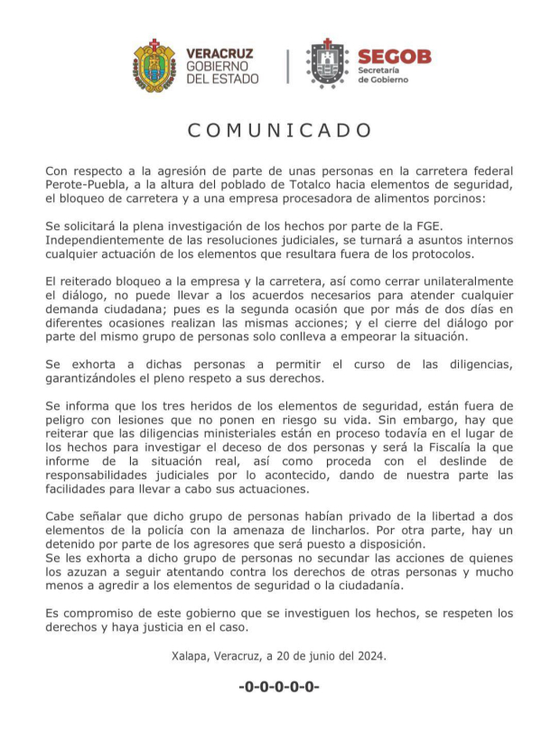 Comunicado de la Secretaría de Gobierno de Veracruz.