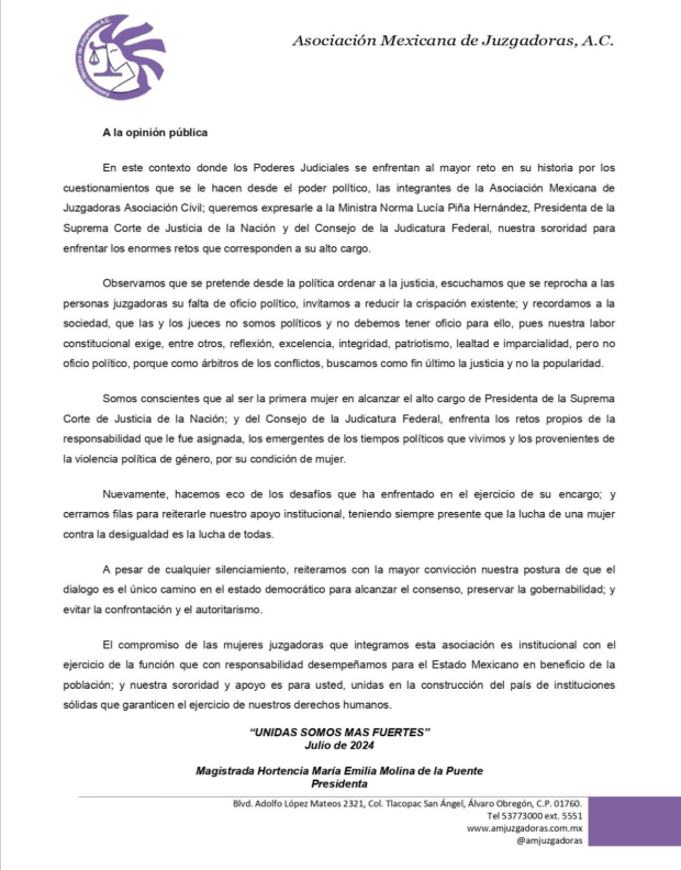 La Asociación Mexicana de Juzgadoras respaldó a la ministra presidenta de la Suprema Corte de Justicia de la Nación (SCJN), Norma Piña.