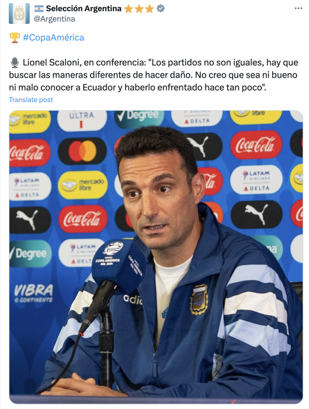 Lionel Scaloni, entrenador de Argentina, dio sus impresiones del duelo ante Ecuador en cuartos de final de Copa América.
