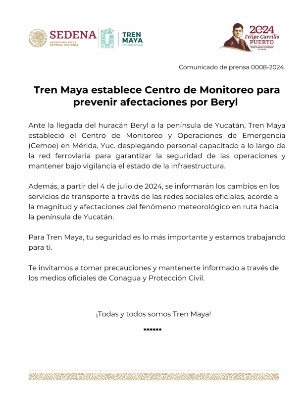 Tren Maya establece Centro de Monitoreo para prevenir afectaciones por ‘Beryl’.
