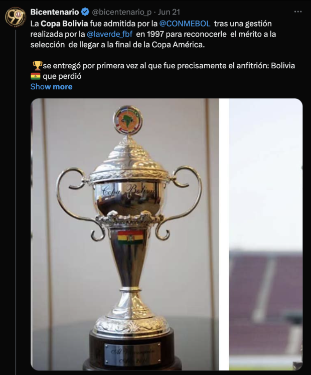 La Copa Bolivia es entregada al subcampeón de la Copa América