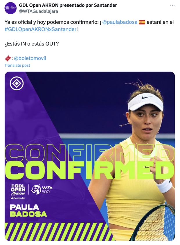 Paula Badosa estará en el WTA Guadalajara Open AKRON en septiembre del 2024.