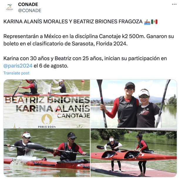 Beatriz Briones y Karina Alanís representarán a México en canotaje en París 2024.