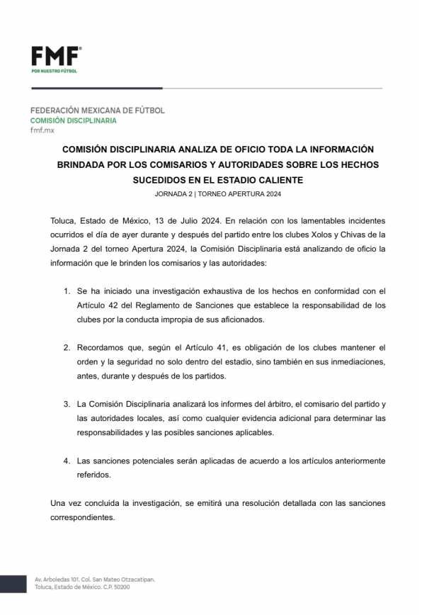Comunicado de la FMF sobre el Xolos vs Chivas