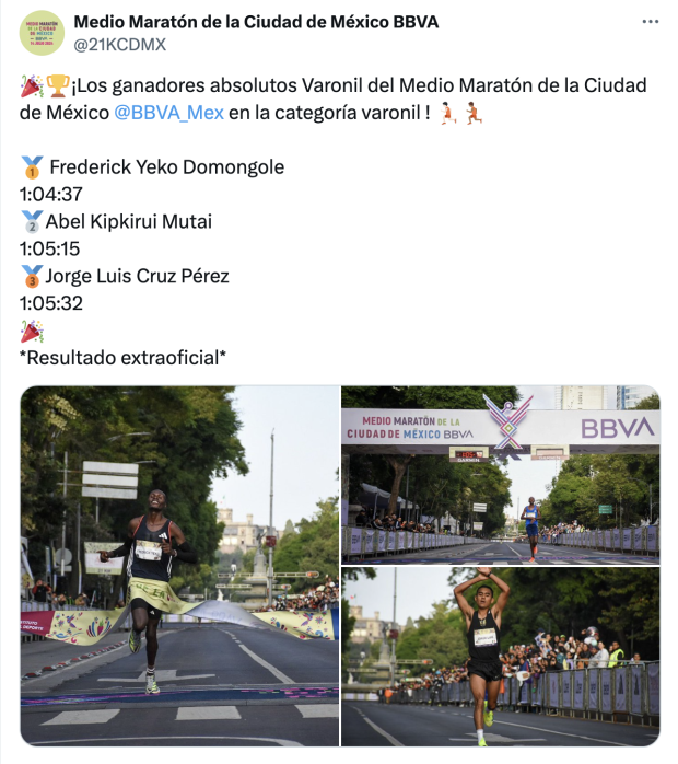 Los primeros tres lugares de la categoría varonil en el Medio Maratón CDMX.