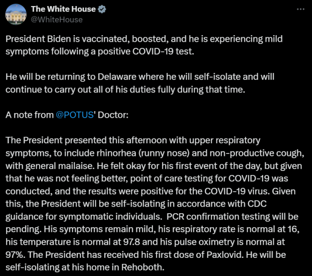 La Casa Blanca informó que Biden experimenta síntomas leves luego de dar positibo a una prueba de COVID-19.
