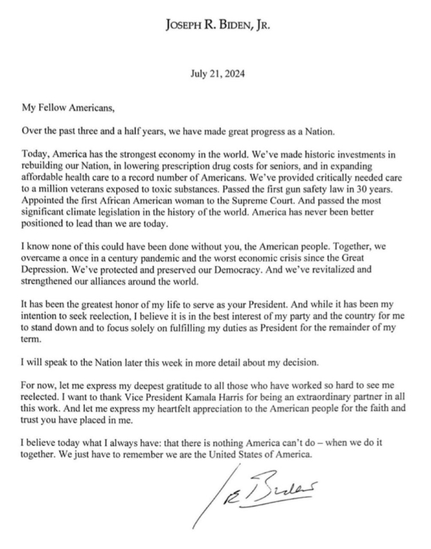 Carta de Joe Biden donde anuncia retirada de su candidatura por la reelección.