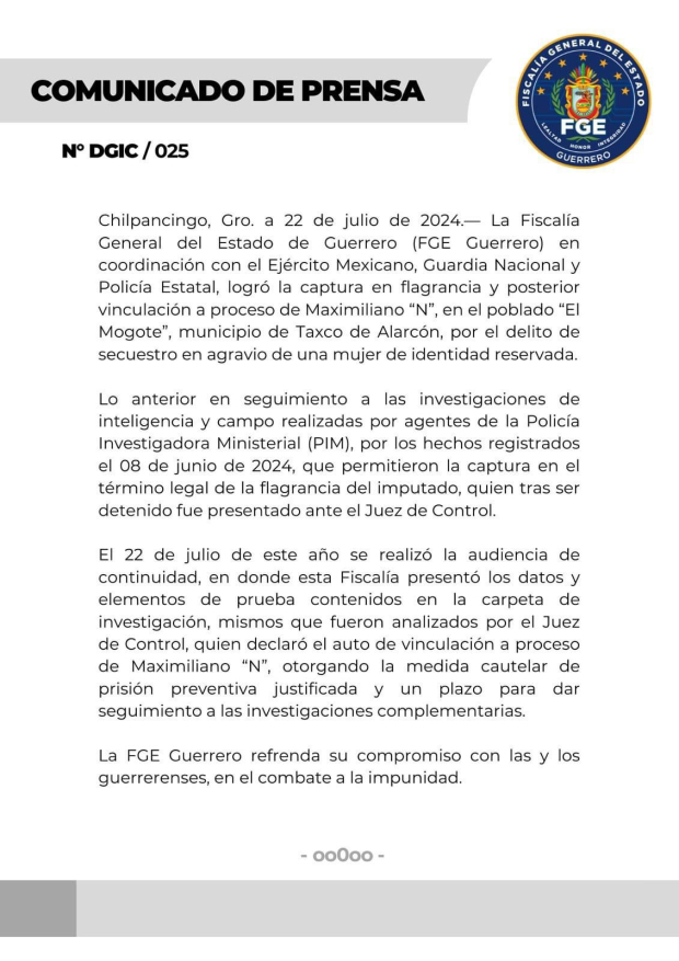Fiscalía de Guerrero logró detención de presunto secuestrador.
