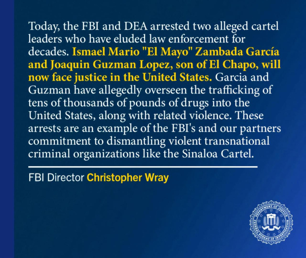 Mencionó que se presume que tanto “El Mayo” como el hijo de “El Chapo”, han participado en el tráfico de drogas a Estados Unidos.