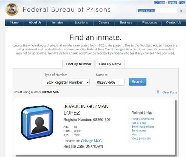 Ficha del FBI sobre Joaquín Guzmán Lopez.