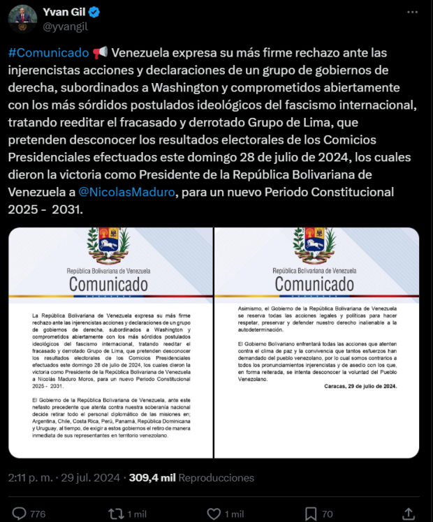 Así anunció la expulsión de diplomáticos el canciller de Venezuela Yvan Gil.