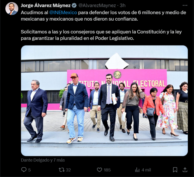 MC solicitó al INE corregir la representación de los partidos en el Senado.