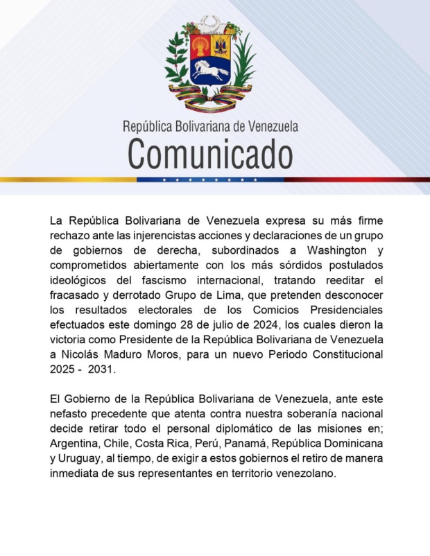 Caracas expulsó a representantes de casi 10 países, según un comunicado.