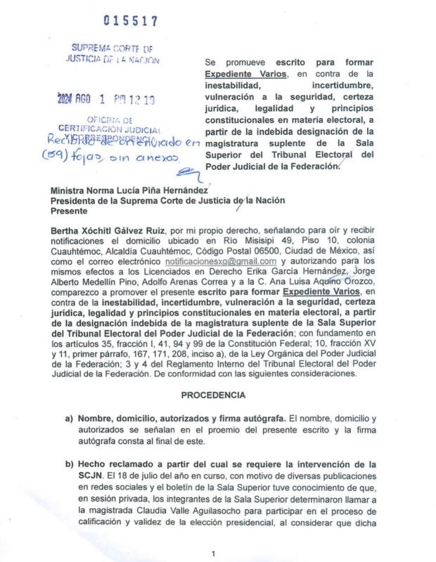 Gálvez señaló que también solicitó que se suspenda el procedimiento hasta que el órgano se encuentre debidamente integrado con siete magistrados.