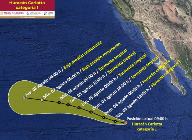 Mapa de avance de Carlotta este sábado 3 de agosto y domingo 4 de agosto.