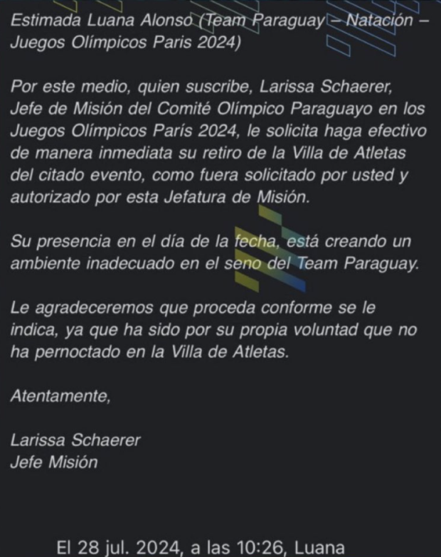 El Comité Olímpico de Paraguay solicitó a la nadadora Luana Alonso que se retirara de la Villa Olímpica