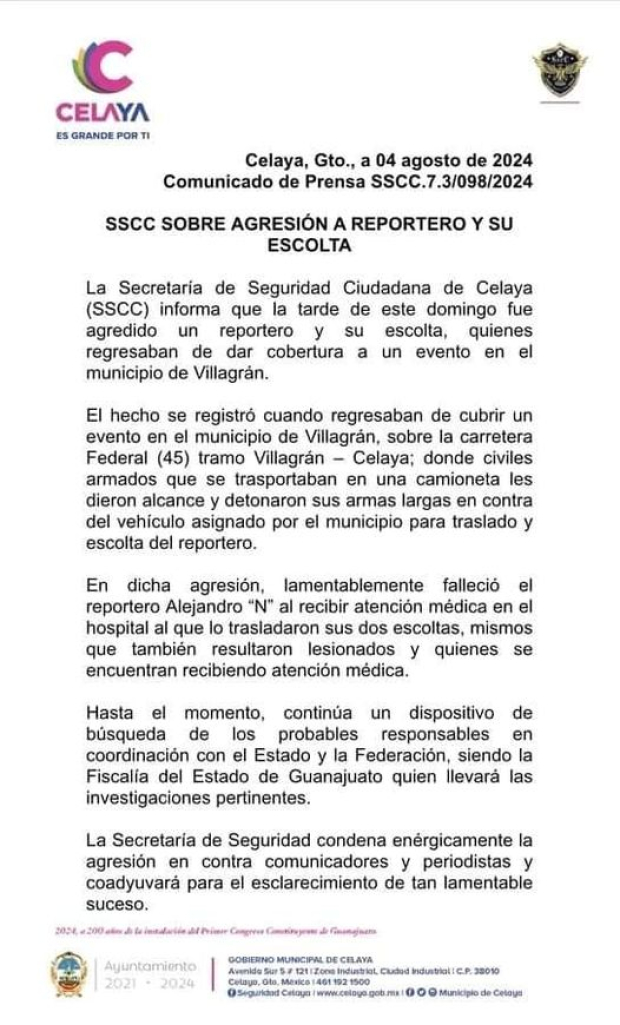 Autoridades de Celaya informaron sobre el asesinato del comunicador.