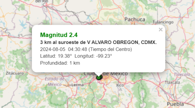 Microsismo de hoy lunes 5 de agosto en la alcaldía Álvaro Obregón, CDMX.