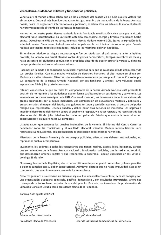 Carta en la que González y Machado llaman a las fuerzas armadas a dejar de reprimir.