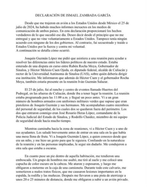 Carta de Ismael "El Mayo" Zambada.