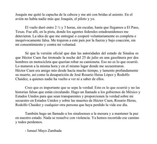 Carta de Ismael "El Mayo" Zambada.