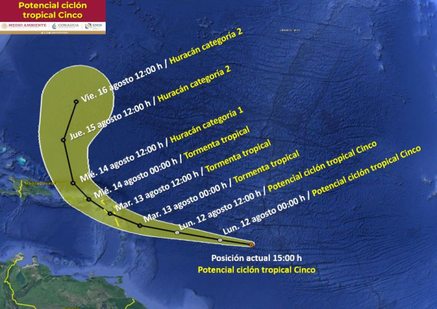 Pronóstico de la trayectoría del potencial ciclón tropical Cinco