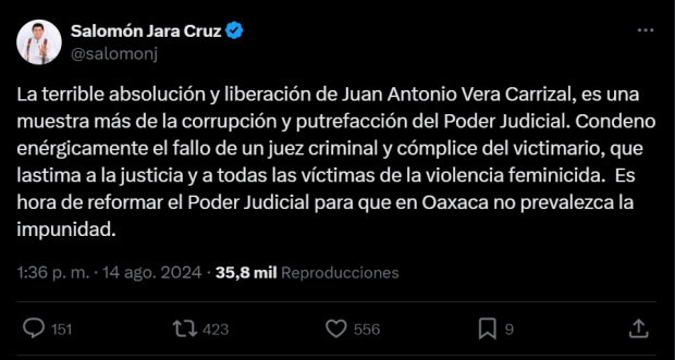 Salomón Jara Cruz condenó la liberación de Juan Antonio Vera Carrizal.