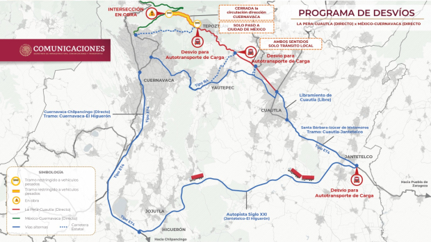 Este es el programa de desvíos por cierre en tramo de la autopista México-Cuernavaca.