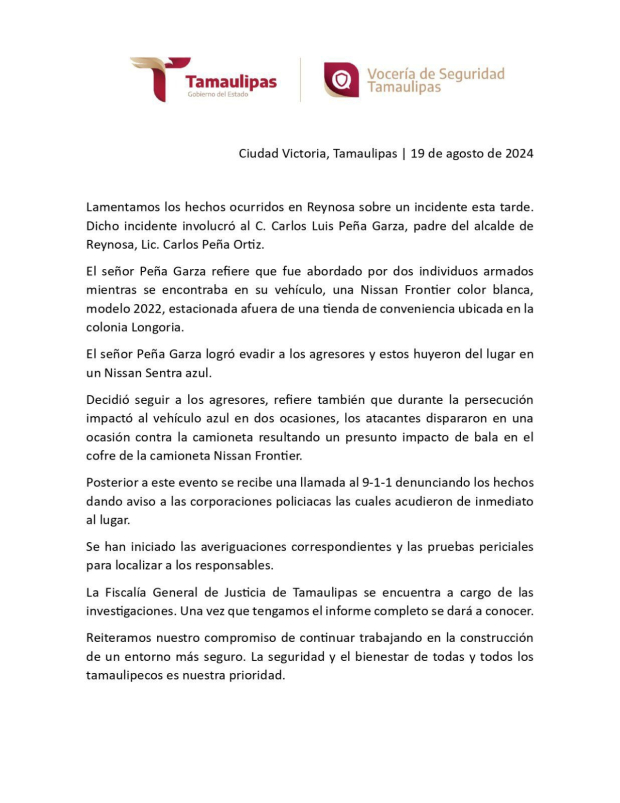 Comunicado de la Vocería de Seguridad Tamaulipas.