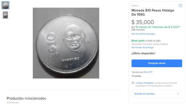 Así es la histórica moneda de 10 pesos que se vende en Mercado Libre.