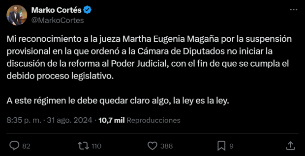 El dirigente del PAN, Marko Cortés, se posicionó a través de redes sociales.