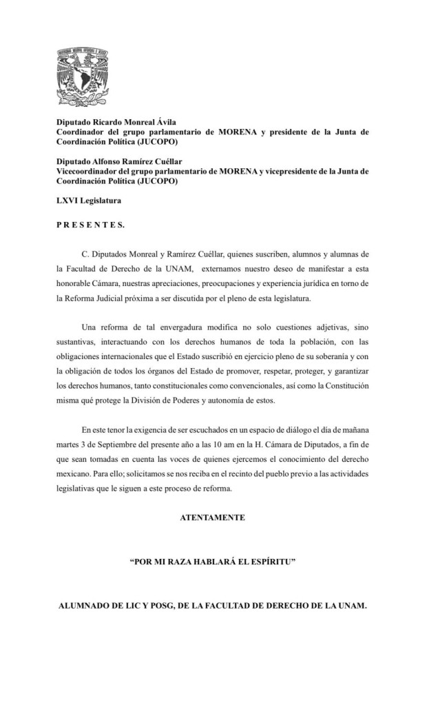 Estudiantes de Derecho piden abrir el diálogo para discutir la reforma judicial.