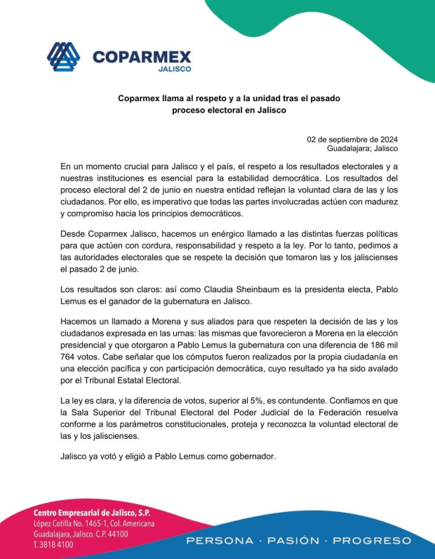 “Hacemos un llamado a Morena y sus aliados para que respeten la decisión de las y los ciudadanos expresada en las urnas", indicó la Coparmex Jalisco.