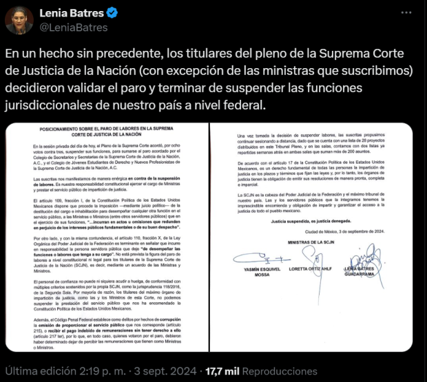 A través de su cuenta de X, Lenia Batres publicó el posicionamiento conjunto.