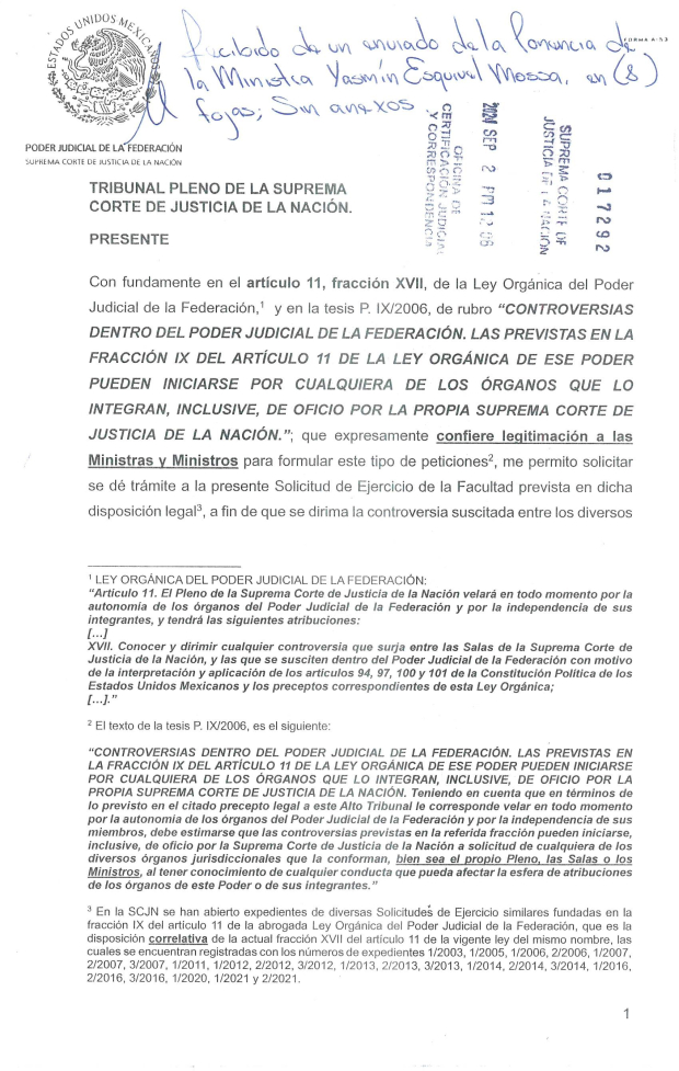 La ministra Esquivel solicitó se aperture el expediente de esta solicitud de ejercicio de la facultad prevista en el artículo 11.