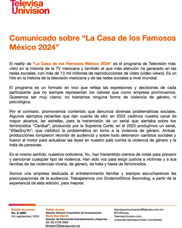 Televisa de pronuncia sobre la polémica de La Casa de los Famosos México 2.