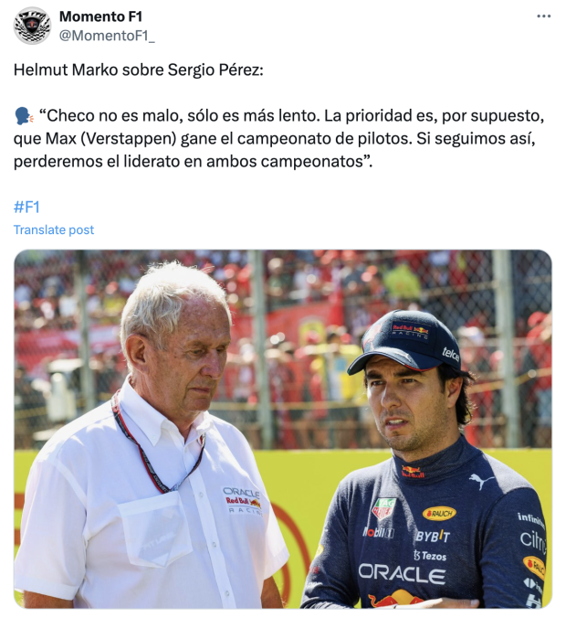 Helmut Marko hizo una nueva polémica declaración contra Checo Pérez.