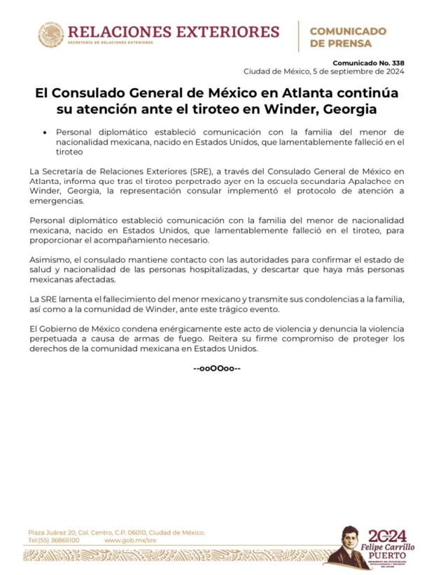 El “Gobierno de México condena enérgicamente este acto y denuncia la violencia perpetuada a causa de armas de fuego”.