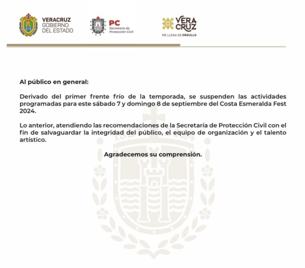 Comunicado sobre suspensión de actividades del Costa Esmeralda Fest.